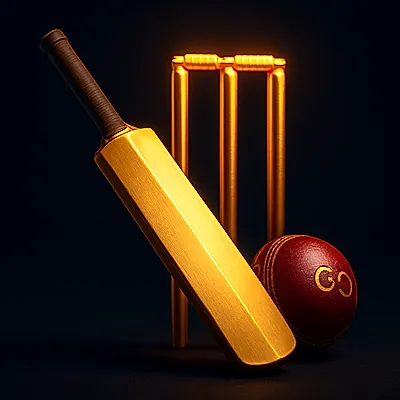 Golden cricket bat, ball and glowing stumps icon for live IPL ID markets