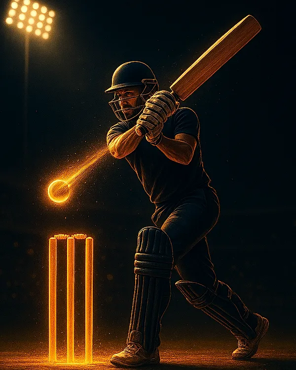Live cricket match exchange game tile with batsman and glowing stumps under floodlights