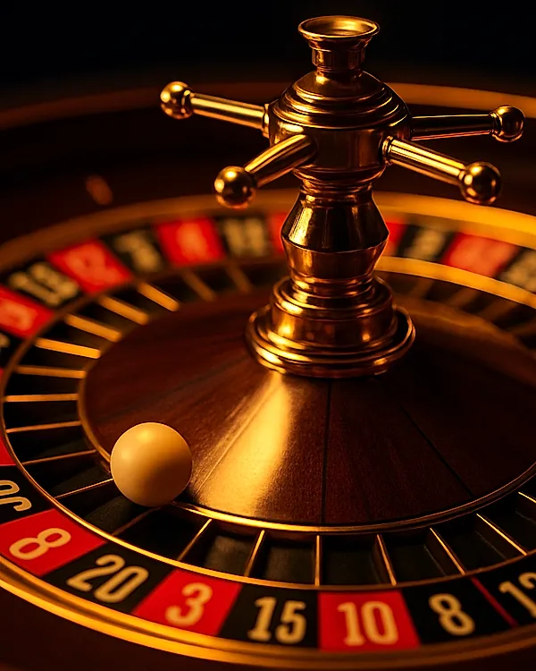 Live European Roulette wheel spinning with ivory ball and golden rim