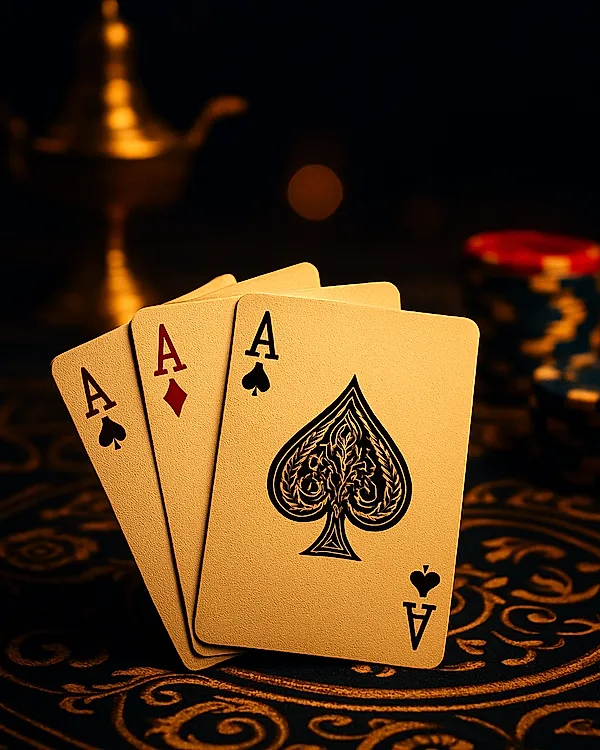 Teen Patti live Indian card game showing three aces trail and gold chips
