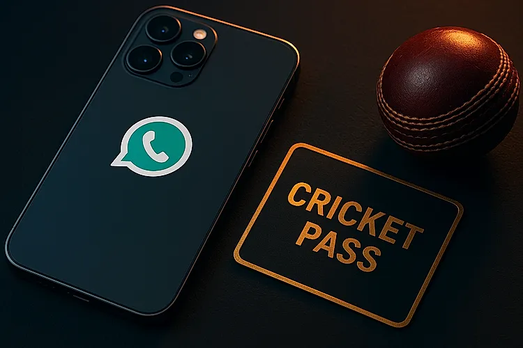 Smartphone showing instant IPL ID login delivered in WhatsApp chat beside a cricket ball