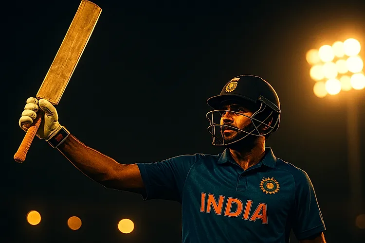 Indian batsman celebrating a six under stadium floodlights for IPL session betting guide