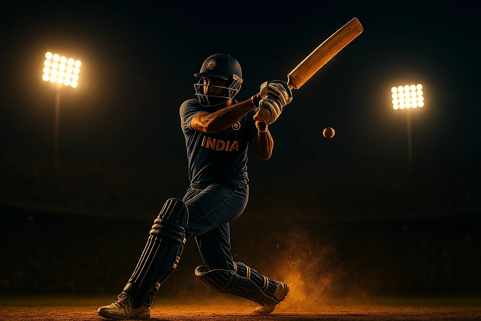 Indian cricket batsman mid-six with ball in flight under floodlit stadium for live IPL betting ID