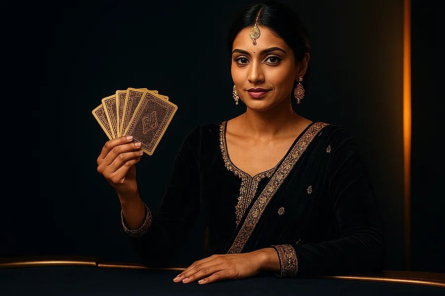 Live casino dealer fanning golden playing cards under warm studio light on iplid.io