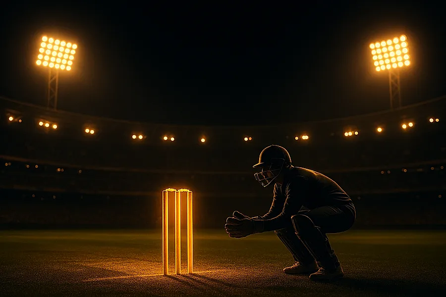 Night cricket stadium wide view with floodlights, pitch and wicketkeeper for live IPL betting