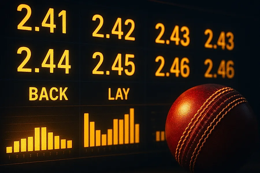 Glowing live cricket odds board with moving decimal numerals and gold accents on iplid.io