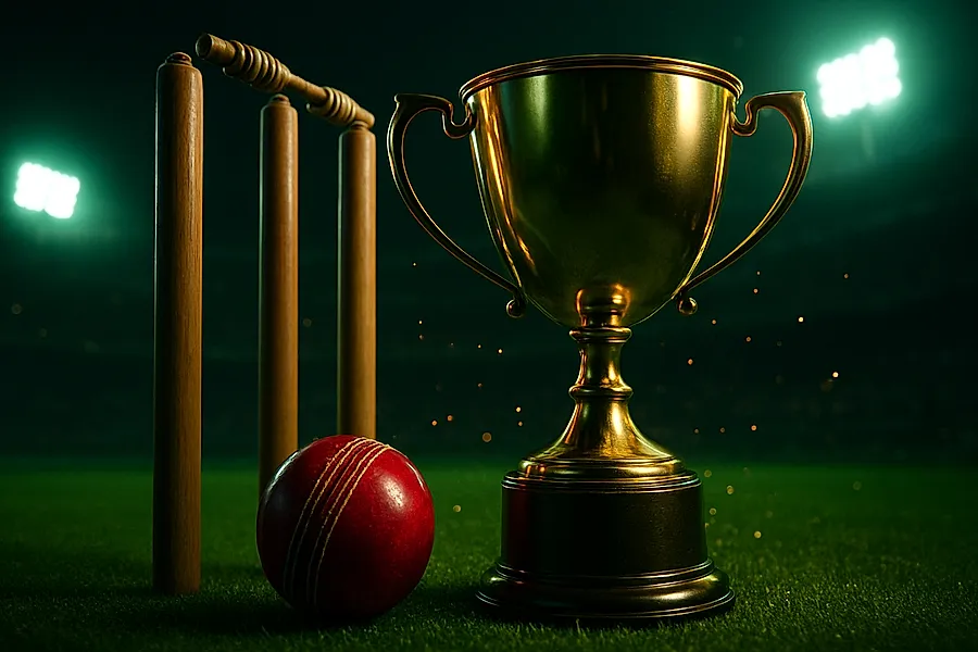 Two stitched cricket balls side by side with golden run-count motif for IPL session betting