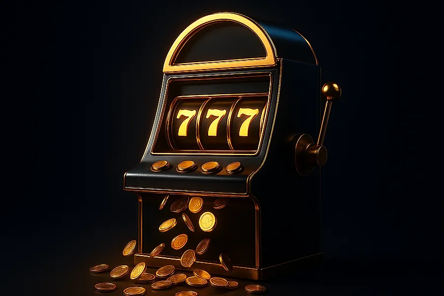 Glowing 777 slot machine with cascading gold coins for IPL ID casino slots